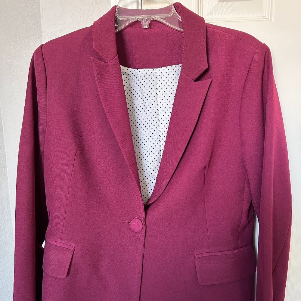 Unbranded Burgundy Blazer Single Button Front - White Polka Dot Lining - Size L